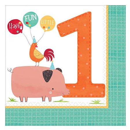 Barnyard 1st Birthday Luncheon Napkins - 33cm - Pack of 16