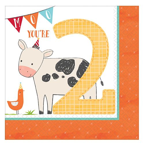 Barnyard 2nd Birthday Luncheon Napkins - 33cm - Pack of 16