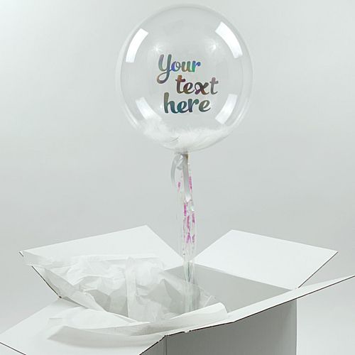 Helium Inflated Clear Orb Balloon with Feather Fill and Iridescent Personalised Text