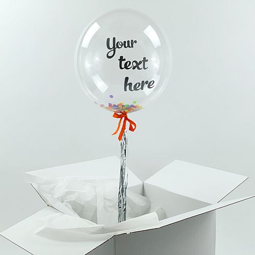 Helium Inflated Clear Orb Balloon with Multicolour Confetti Fill and Personalised Text
