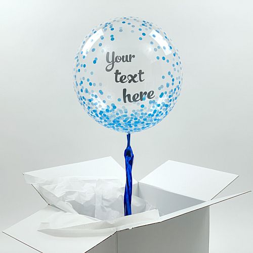 Helium Inflated Blue Confetti Balloon with Personalised Text