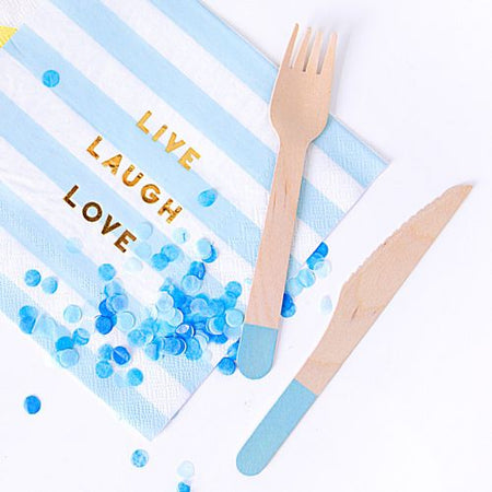 Pale Blue Handles Wooden Cutlery - 16cm - Pack of 18