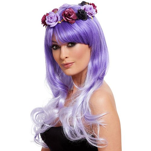 Day of the Dead Glam Lilac Flower Crown Wig