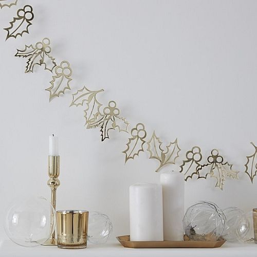 Gold Christmas Holly Garland - 2m