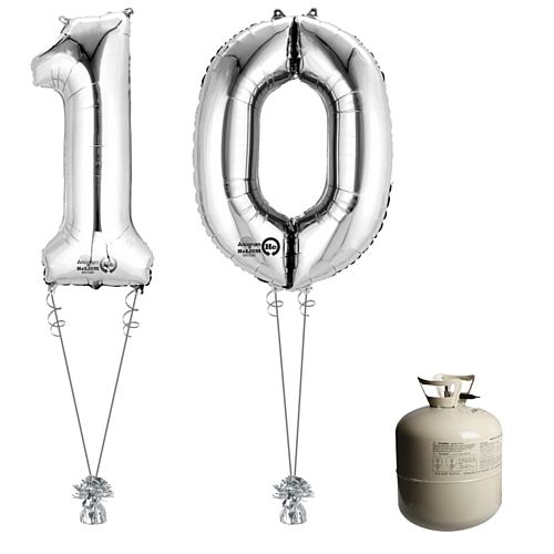 Silver Foil Number '10' Balloon & Helium Canister Decoration Party Pack