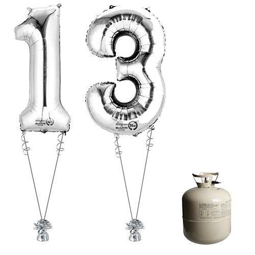 Silver Foil Number '13' Balloon & Helium Canister Decoration Party Pack