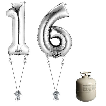 Silver Foil Number '16' Balloon & Helium Canister Decoration Party Pack