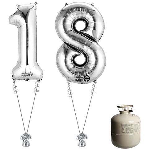 Silver Foil Number '18' Balloon & Helium Canister Decoration Party Pack