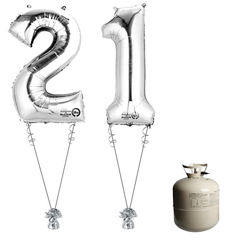 Silver Foil Number '21' Balloon & Helium Canister Decoration Party Pack