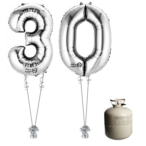 Silver Foil Number '30' Balloon & Helium Canister Decoration Party Pack