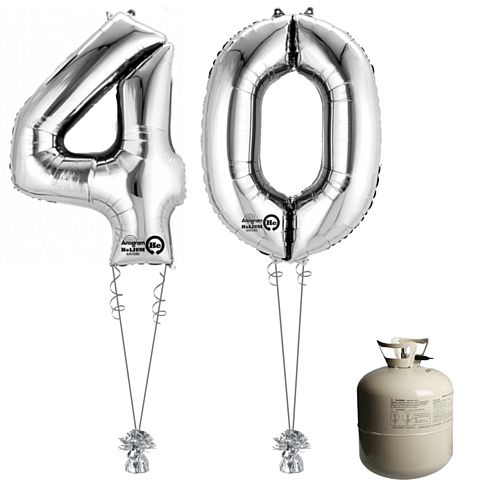 Silver Foil Number '40' Balloon & Helium Canister Decoration Party Pack