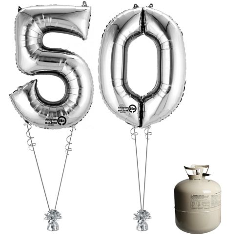 Silver Foil Number '50' Balloon & Helium Canister Decoration Party Pack