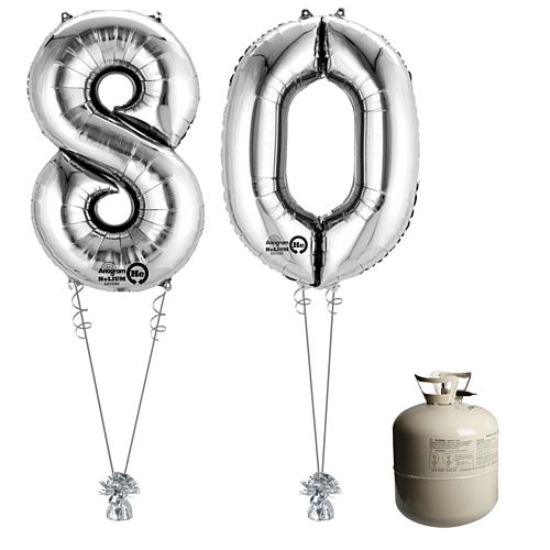 Silver Foil Number '80' Balloon & Helium Canister Decoration Party Pack