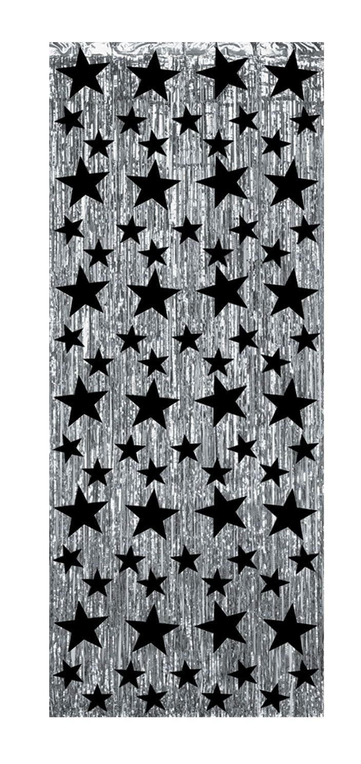 Silver with Black Stars Shimmer Curtain - 2.44m
