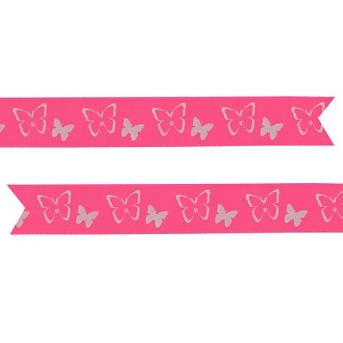 Silver Butterflies Pre Printed Ribbon Hot Pink - 25mm - Per Metre