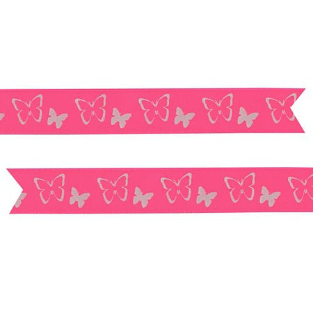 Silver Butterflies Pre Printed Ribbon Hot Pink - 25mm - Per Metre