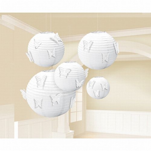 White Paper Lanterns With Butterfly Attachments - Pack of 5