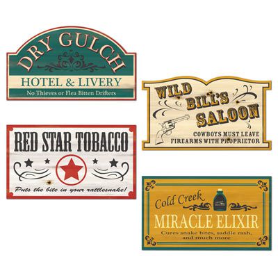 Old Style Western Sign Cutouts - 4 Assorted Designs - 40.6cm - Pack of 4