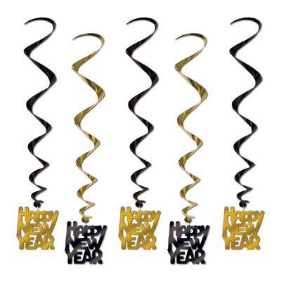 Black & Gold Happy New Year Whirls - 83.8cm - Pack of 5