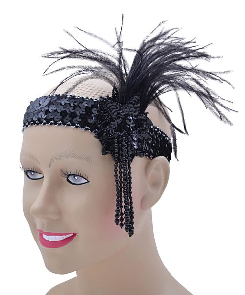 Flapper Headband Deluxe. Black Sequin