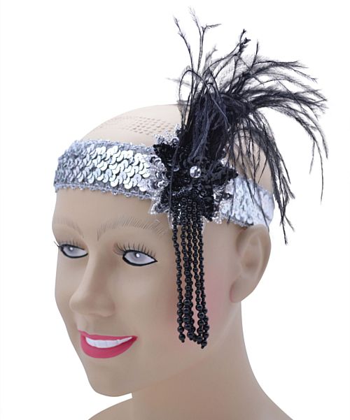 Flapper Headband Deluxe. Silver Sequin