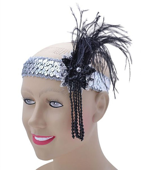 Flapper Headband Deluxe. Silver Sequin