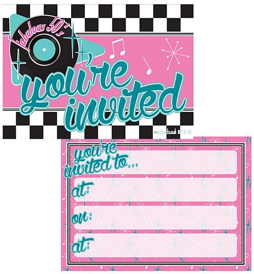 50's Themed Invites & Envelopes - Pack of 8