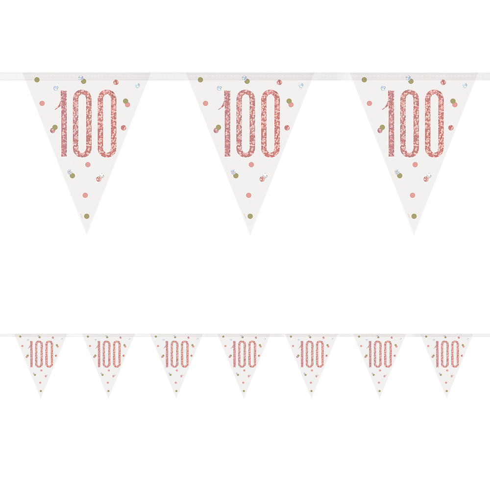 Birthday Glitz Rose Gold 100th Flag Bunting - 2.7m