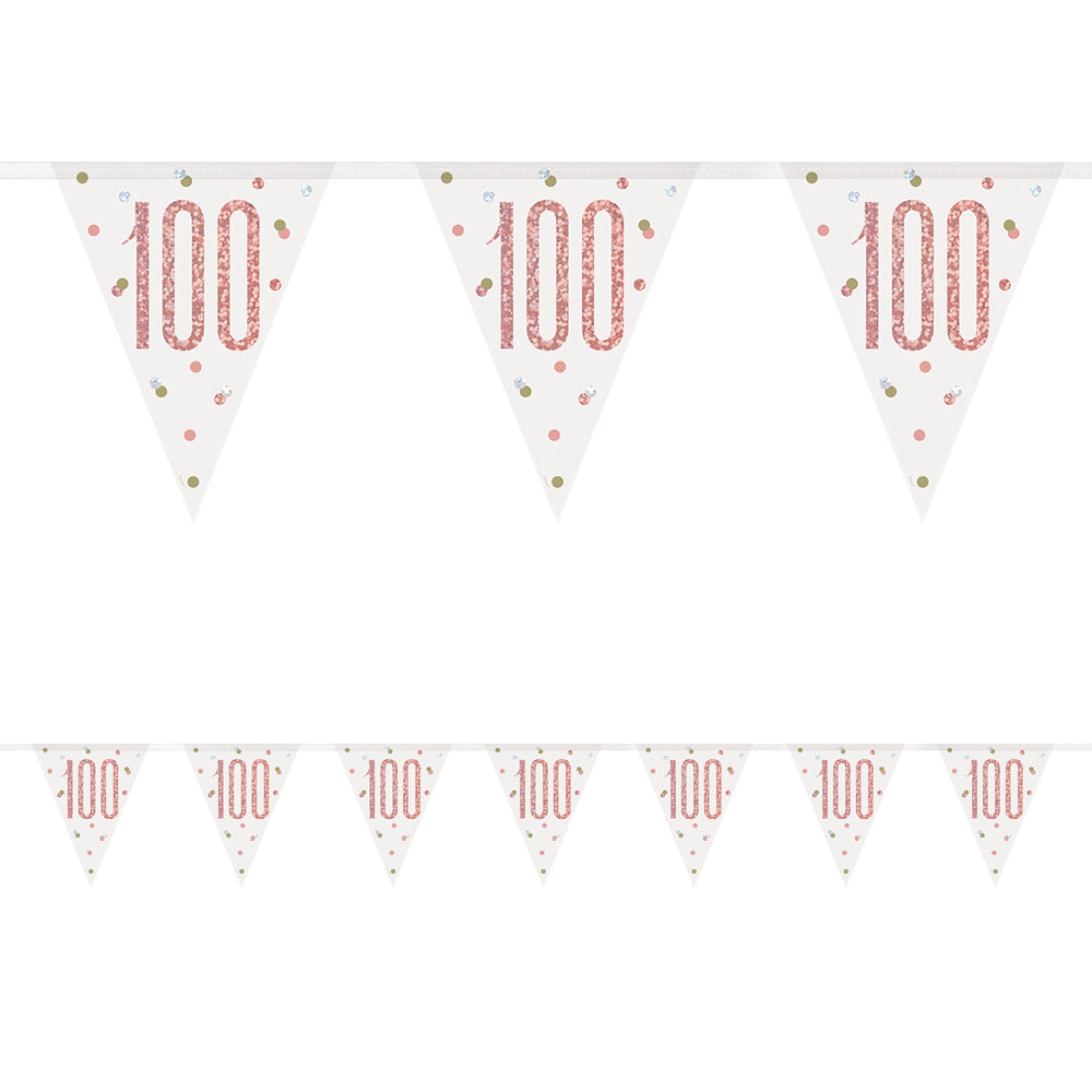 Birthday Glitz Rose Gold 100th Flag Bunting - 2.7m