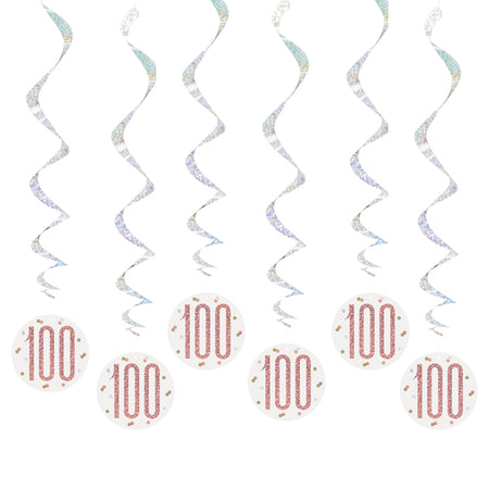 Birthday Glitz Rose Gold 100th Hanging Swirl Decorations - Pack of 6