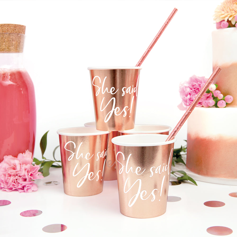Rose Gold Hen Party She Said Yes Paper Cups - 220ml - Pack of 6
