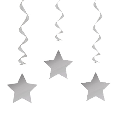 Silver Hanging Star Swirl Decorations - 66cm - Pack of 3