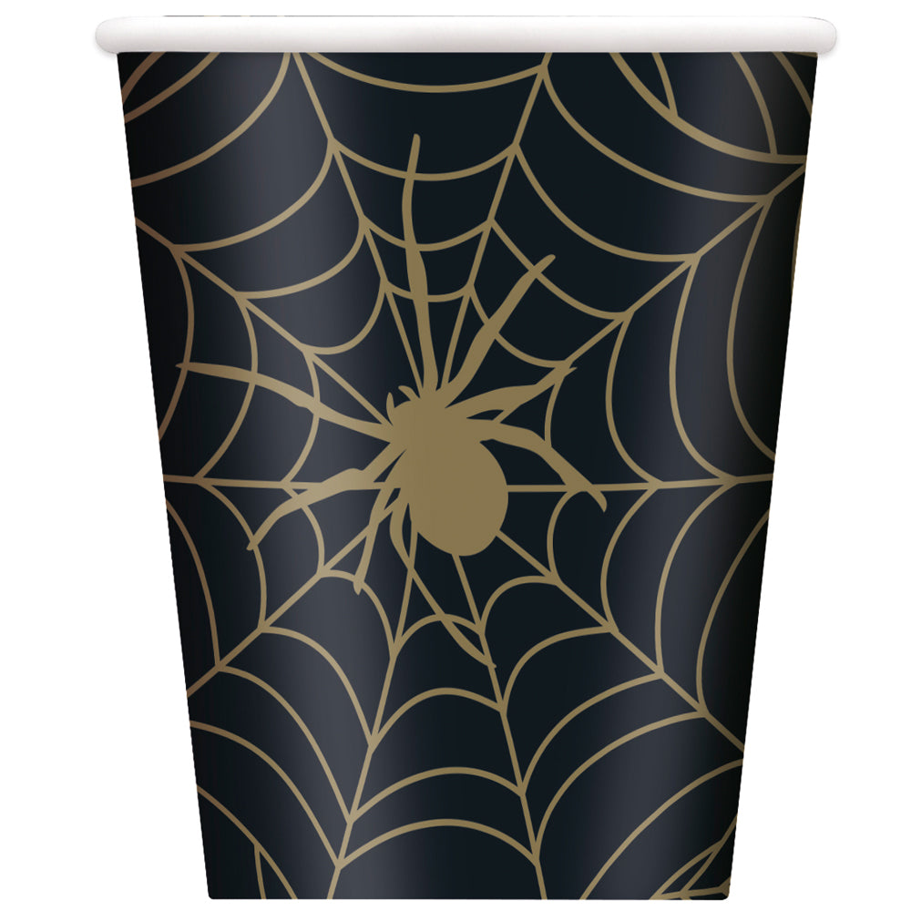 Halloween Black and Gold Spider Web Cups - 255ml - Pack of 8