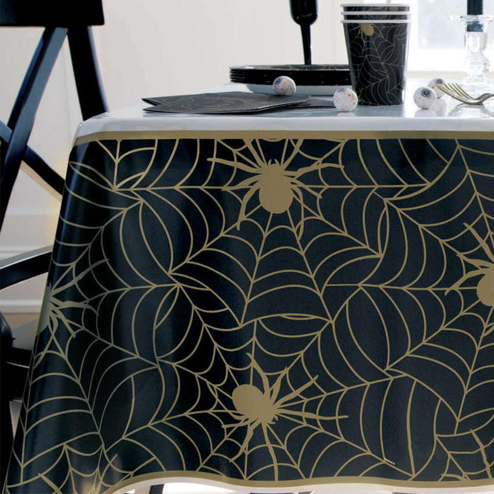 Halloween Black and Gold Spider Web Table Cover - 213cm x 137cm