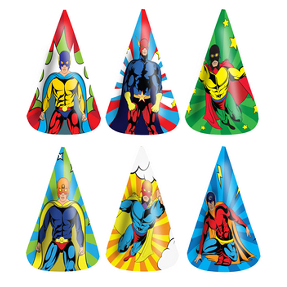 Superhero Party Flat Cone Hat - Each - 6 Assorted Designs
