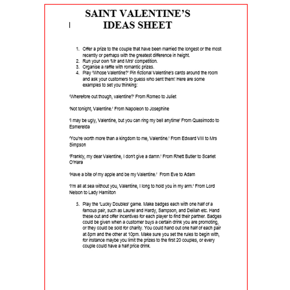 St Valentine's Ideas Sheet