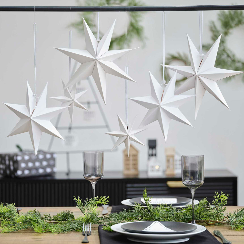 White Paper Stars Hanging Christmas Decoration - Pack of 6