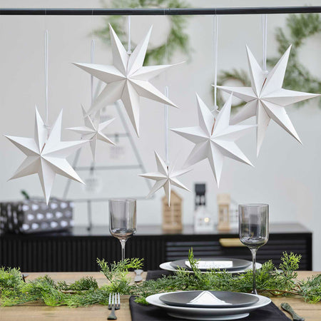 White Paper Stars Hanging Christmas Decoration - Pack of 6